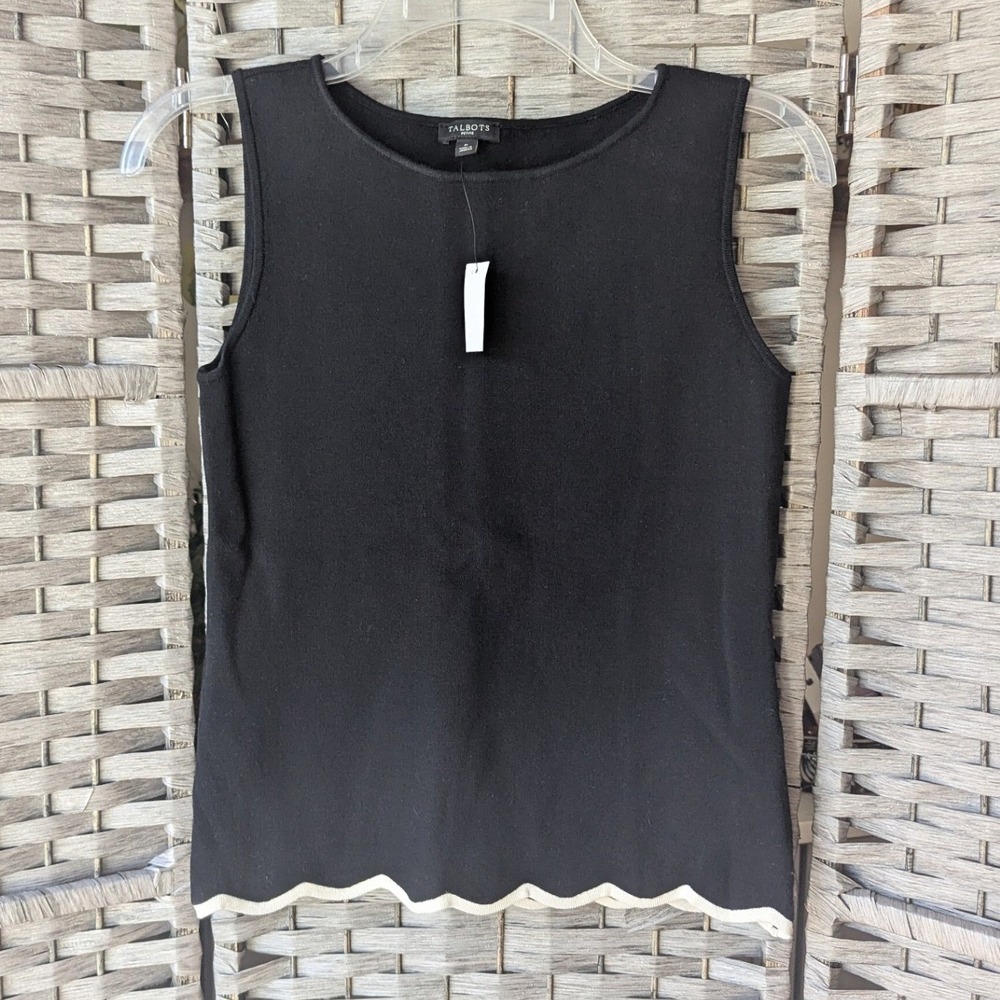 Talbots Shell Top Black White Scalloped Hem Knit Tank Womens XSP Classic Office
